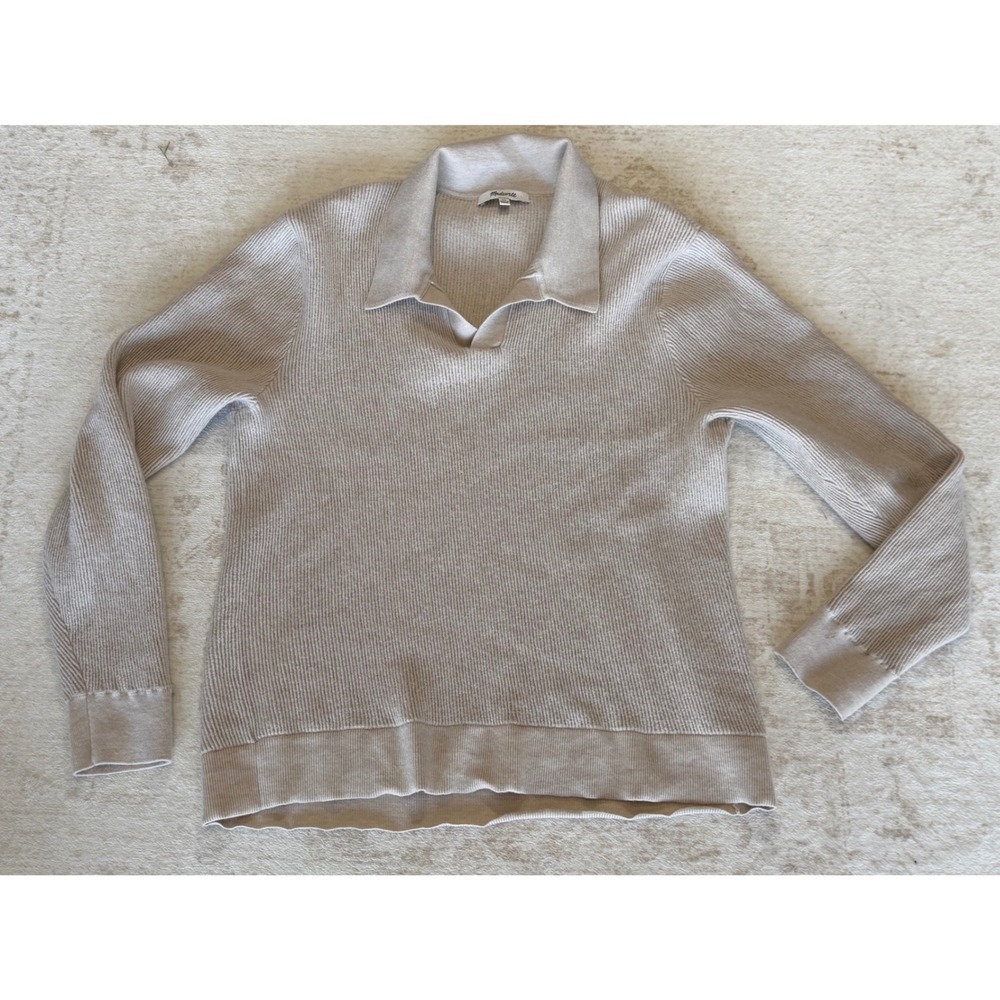 Madewell Womens XL Merino Wool Ribbed Polo Sweater Beige Oatmeal Long Sleeve